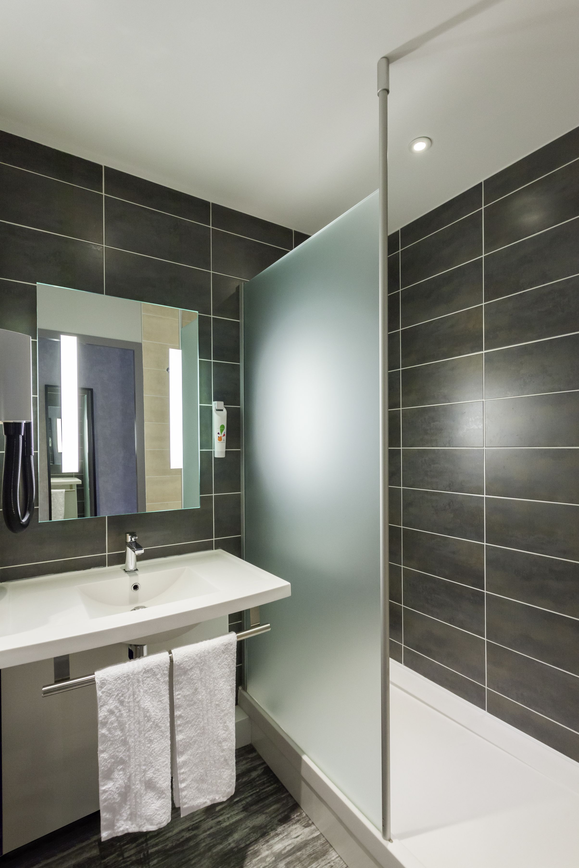 eco-friendly toiletries, hair dryer, towels