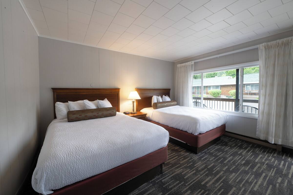 A hotel room with two beds, a window with a view, and a carpeted floor.