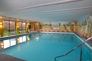 Indoor pool, open 2:00 PM to 9 PM, sun loungers