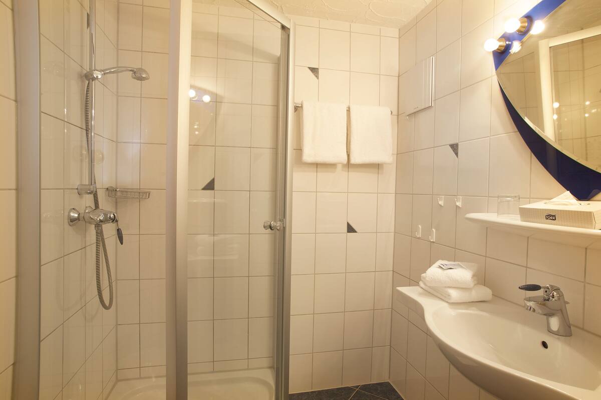 eco-friendly toiletries, hair dryer, towels