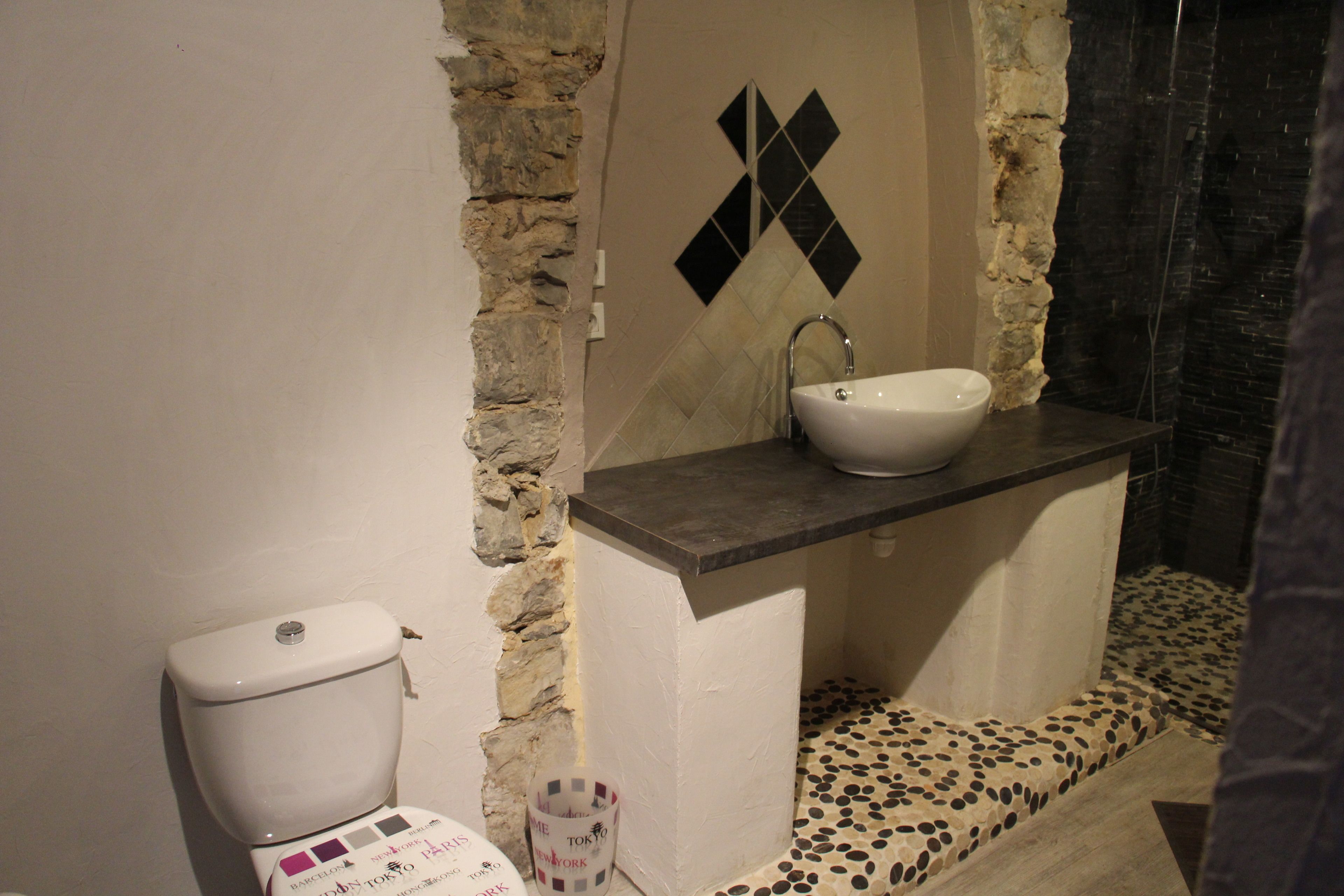 A bathroom with a toilet, a sink, and a shower area.