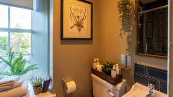 Une salle de bain avec des toilettes, un lavabo, des œuvres d’art encadrées et une fenêtre avec une plante.