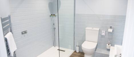 Un baño moderno con ducha envuelta en vidrio, inodoro blanco y piso de madera.