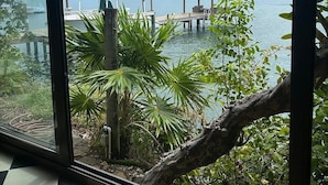 A view of a dock extending into a calm body of water, surrounded by lush greenery and a clear sky. - Hotel Posada Las Orquideas (Roatan)