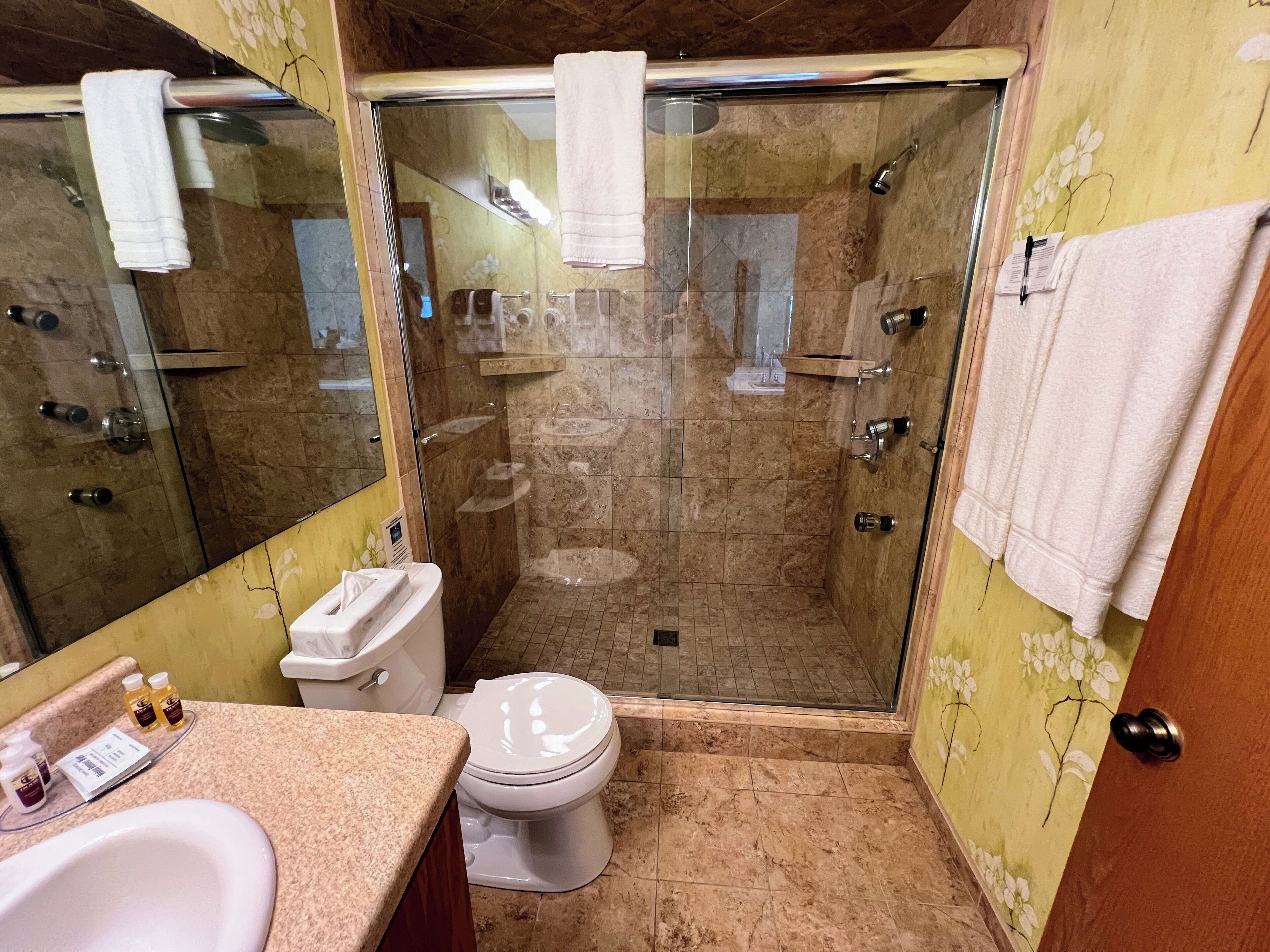 A bathroom with a glass-enclosed shower, a toilet, and a sink with toiletries.