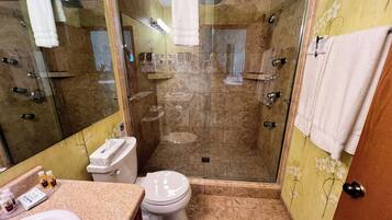 A bathroom with a glass-enclosed shower, a toilet, and a sink with toiletries.