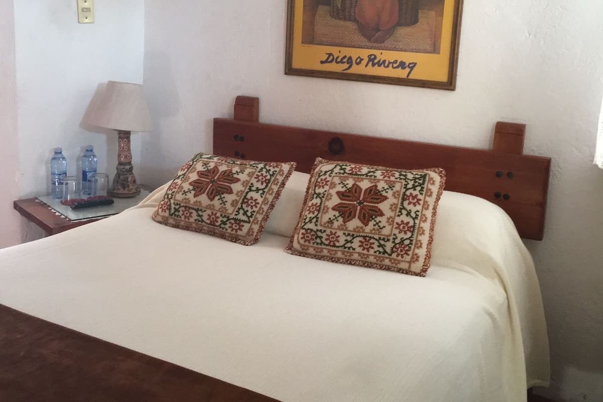 Une chambre d’hôtel avec un lit, deux coussins décoratifs, une table de chevet avec une lampe et une œuvre d’art encadrée accrochée au mur.