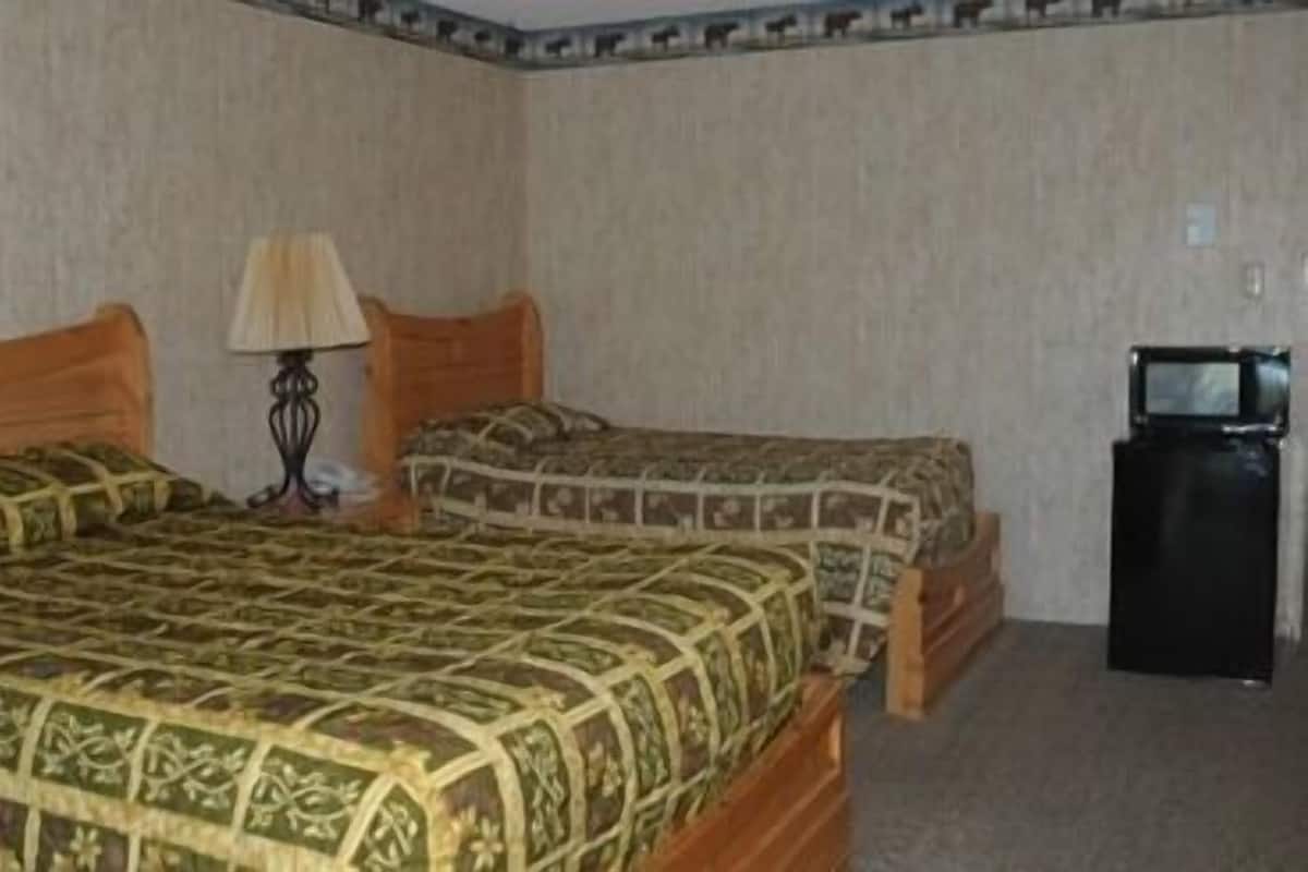 A room with two beds, a small table with a lamp, and a television.