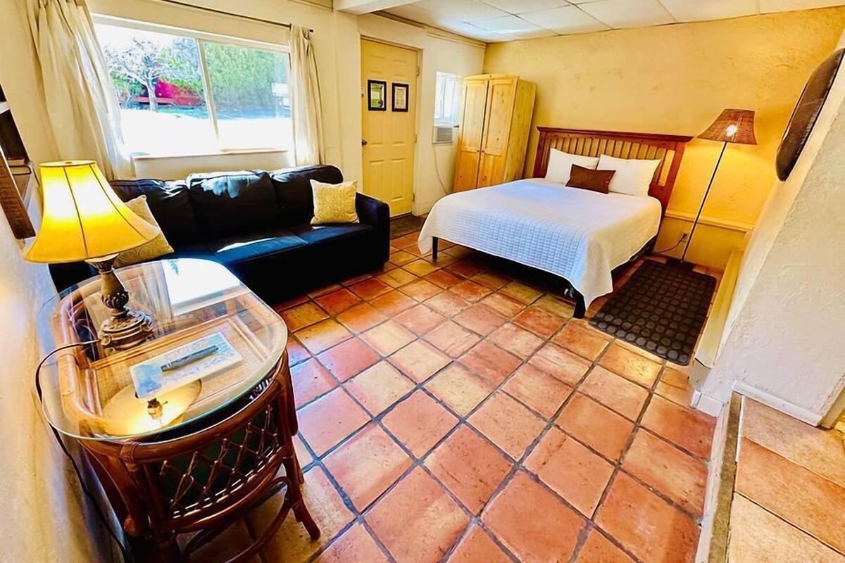Habitación de hotel con cama, sofá, una mesita de noche con lámpara y ventana con cortinas.