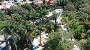 Zona residencial con varias casas, una piscina y abundante vegetación.