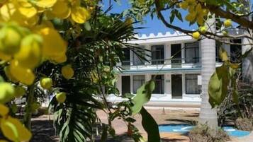 Un edificio moderno con piscina y jardín con árboles de flores amarillas.