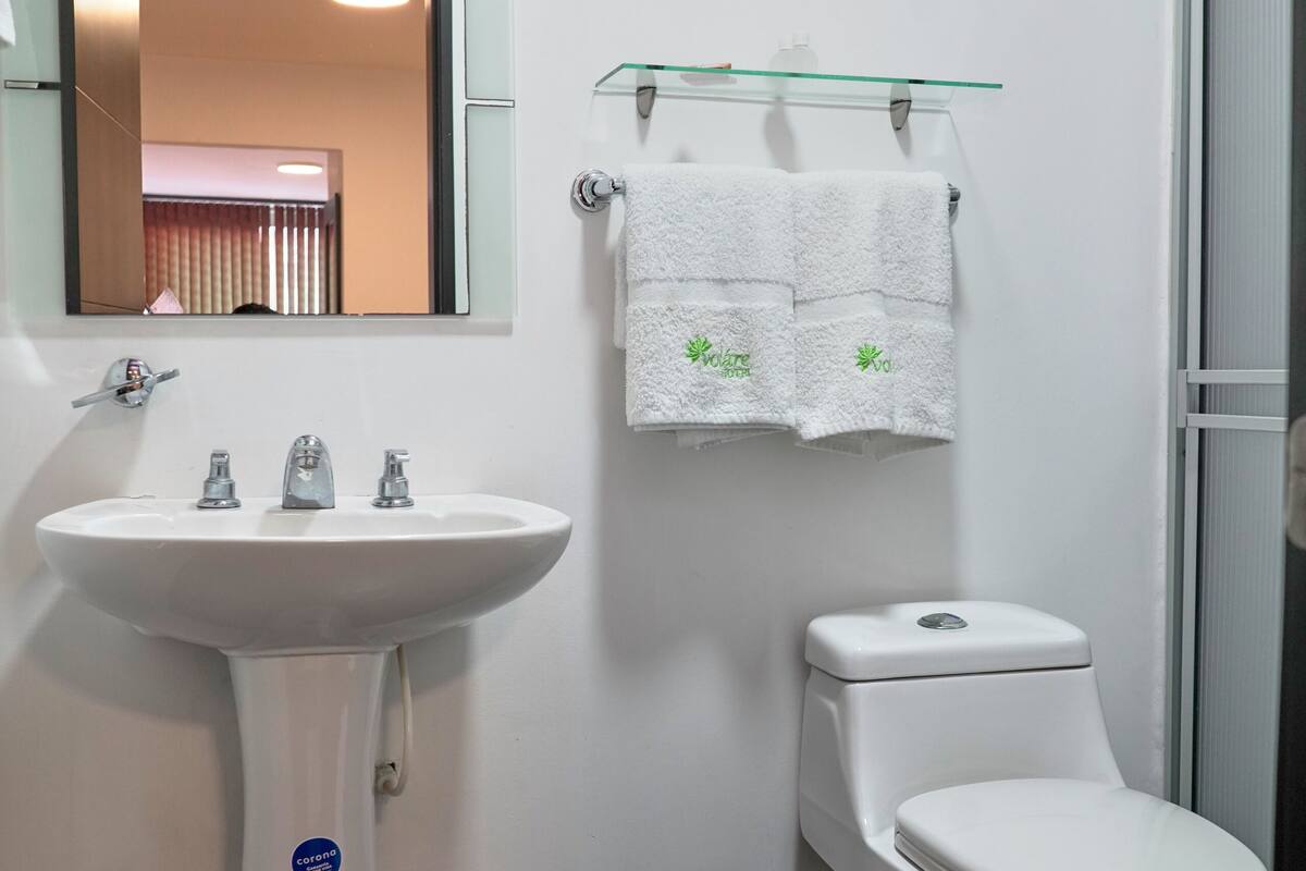 shower, designer toiletries, hair dryer, towels