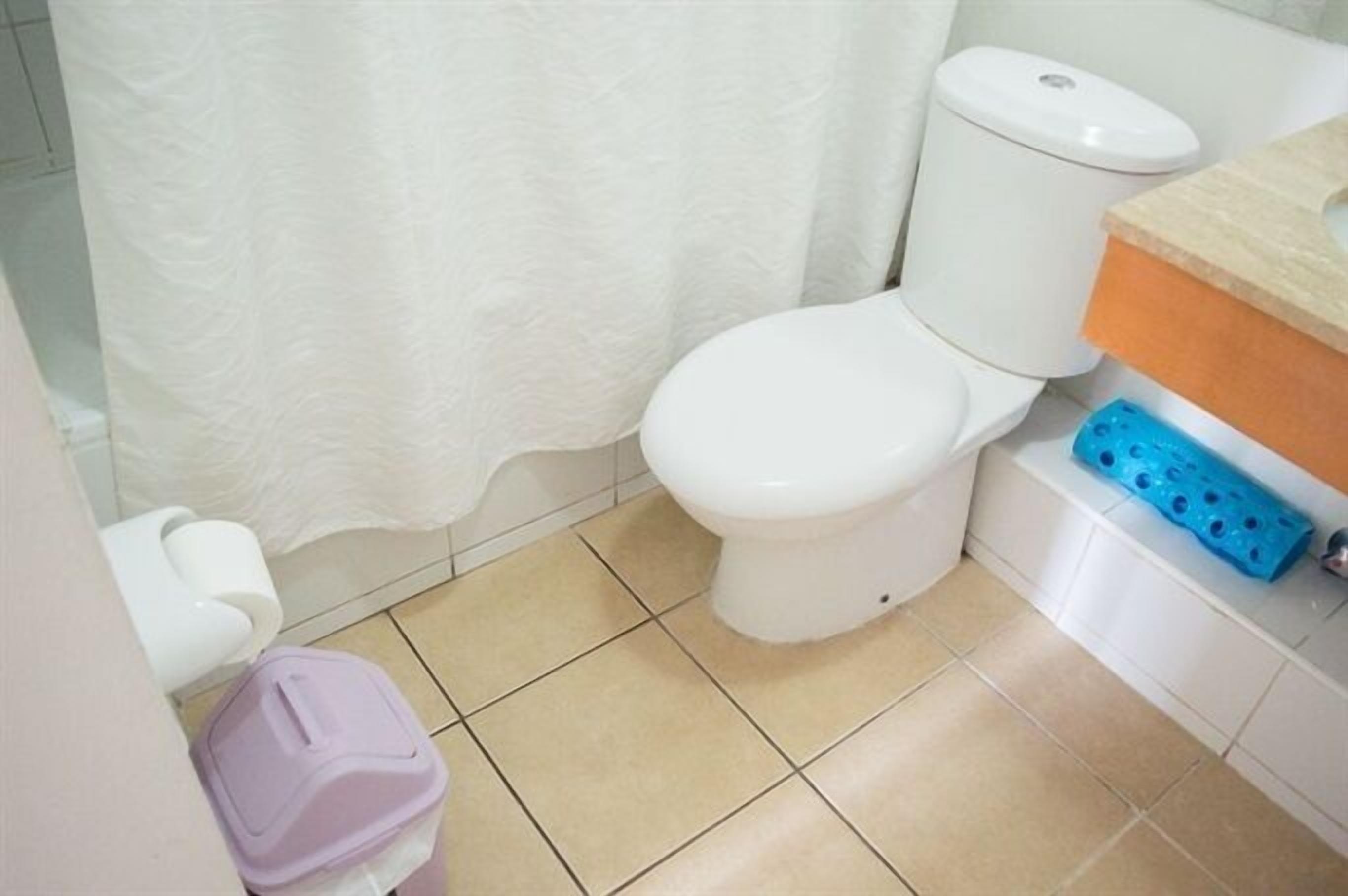 A bathroom with a toilet, a sink, and a shower area.
