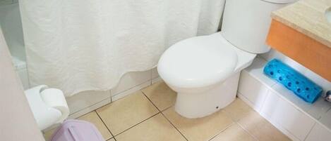 A bathroom with a toilet, a sink, and a shower area.
