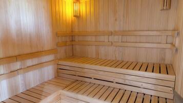 Sauna, jossa on puiset penkit ja kalteva lattia.