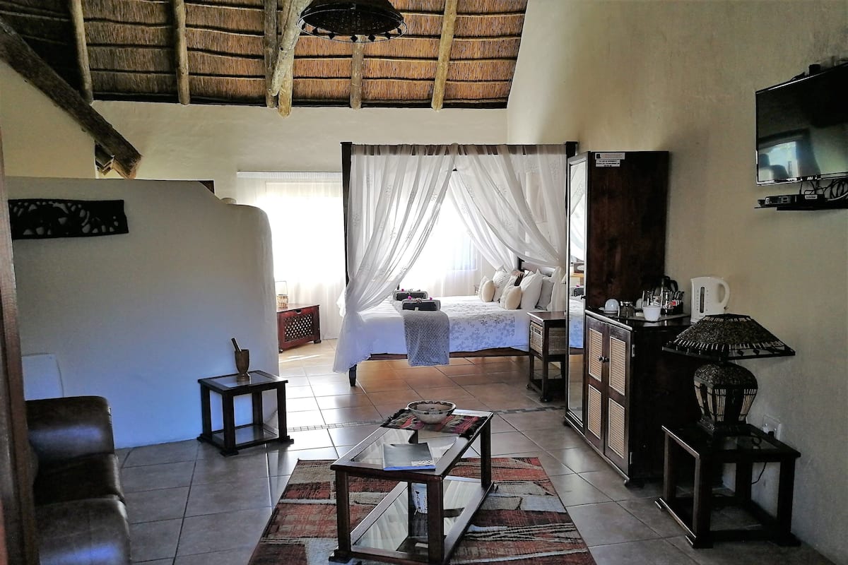 A spacious room with a high ceiling, a bed with a canopy, a television, and a coffee table.