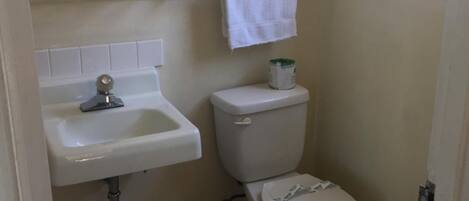 Une petite salle de bain avec un lavabo, des toilettes et un porte-serviettes.