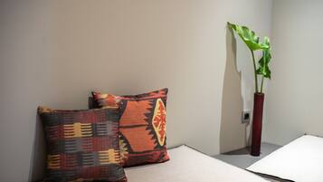 Canto de um quarto com duas almofadas estampadas e um vaso com planta.