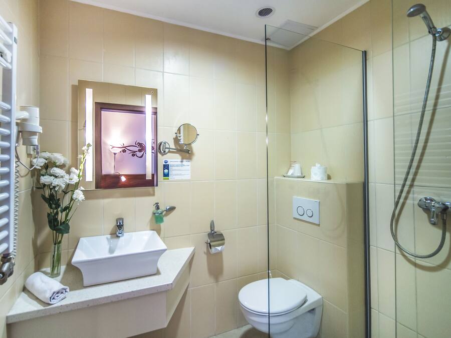 A bathroom with a sink, mirror, toilet, and shower.
