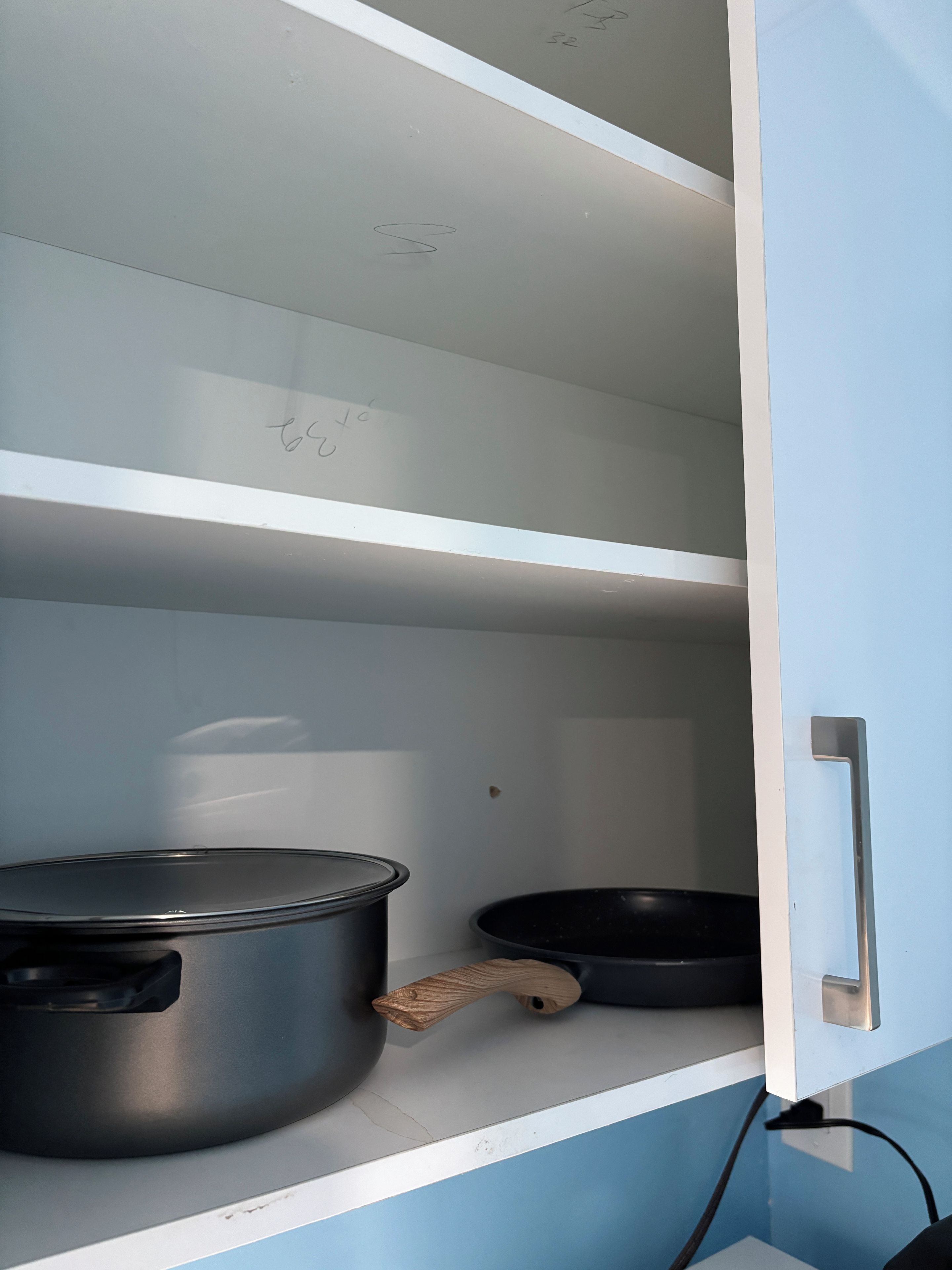 A kitchen cabinet with a pot and a pan on the lower shelf.