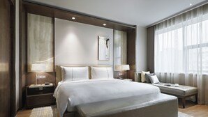 A modern hotel room with a large bed, bedside tables, a bench, and a large window with sheer curtains. -  Hangzhou Xingdu Hotel (Hangzhou)