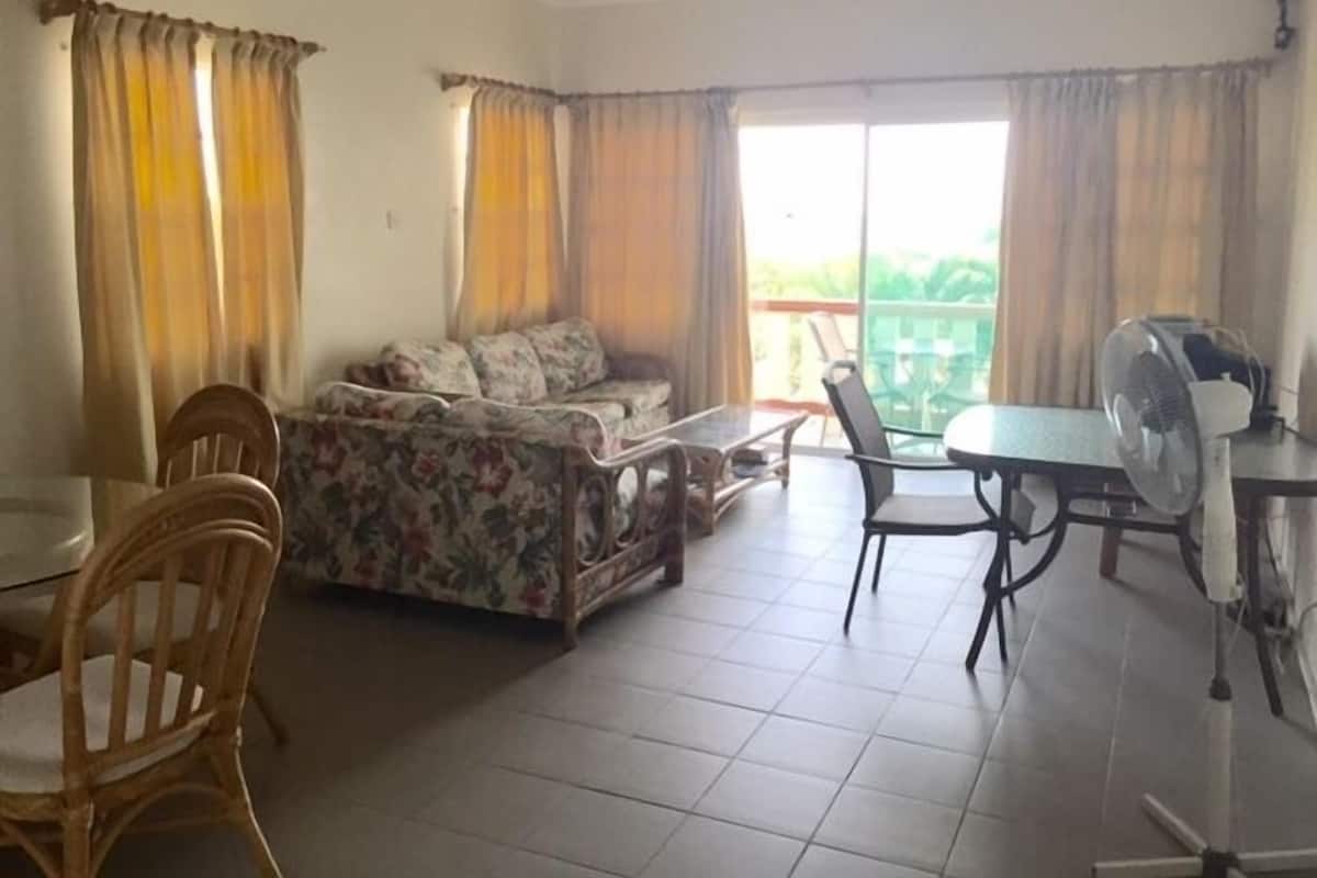 A room with a sofa, dining table, chairs, and a fan.
