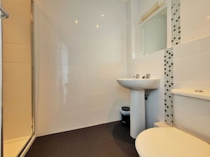 Combined shower/tub, free toiletries, hair dryer, towels