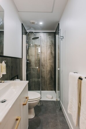 A modern bathroom with a glass-enclosed shower, a white toilet, and a white sink with wooden handles. - Oporto Maison Sol   (Porto)