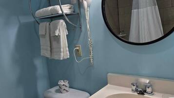 A bathroom with a toilet, a sink, a towel rack, a hairdryer, and a mirror.