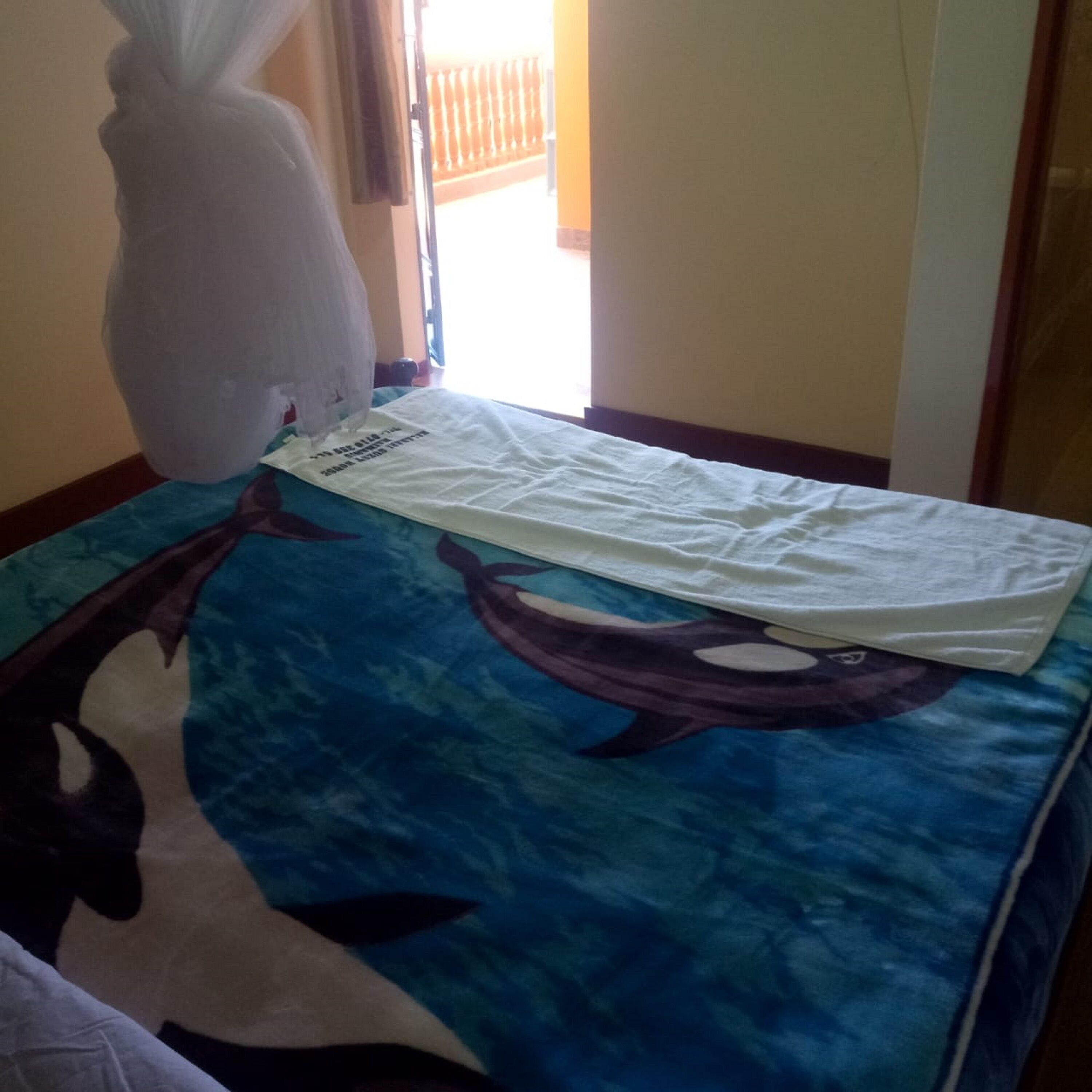 A bed with a blue and white ocean-themed bedspread, a white pillow, and a white blanket.