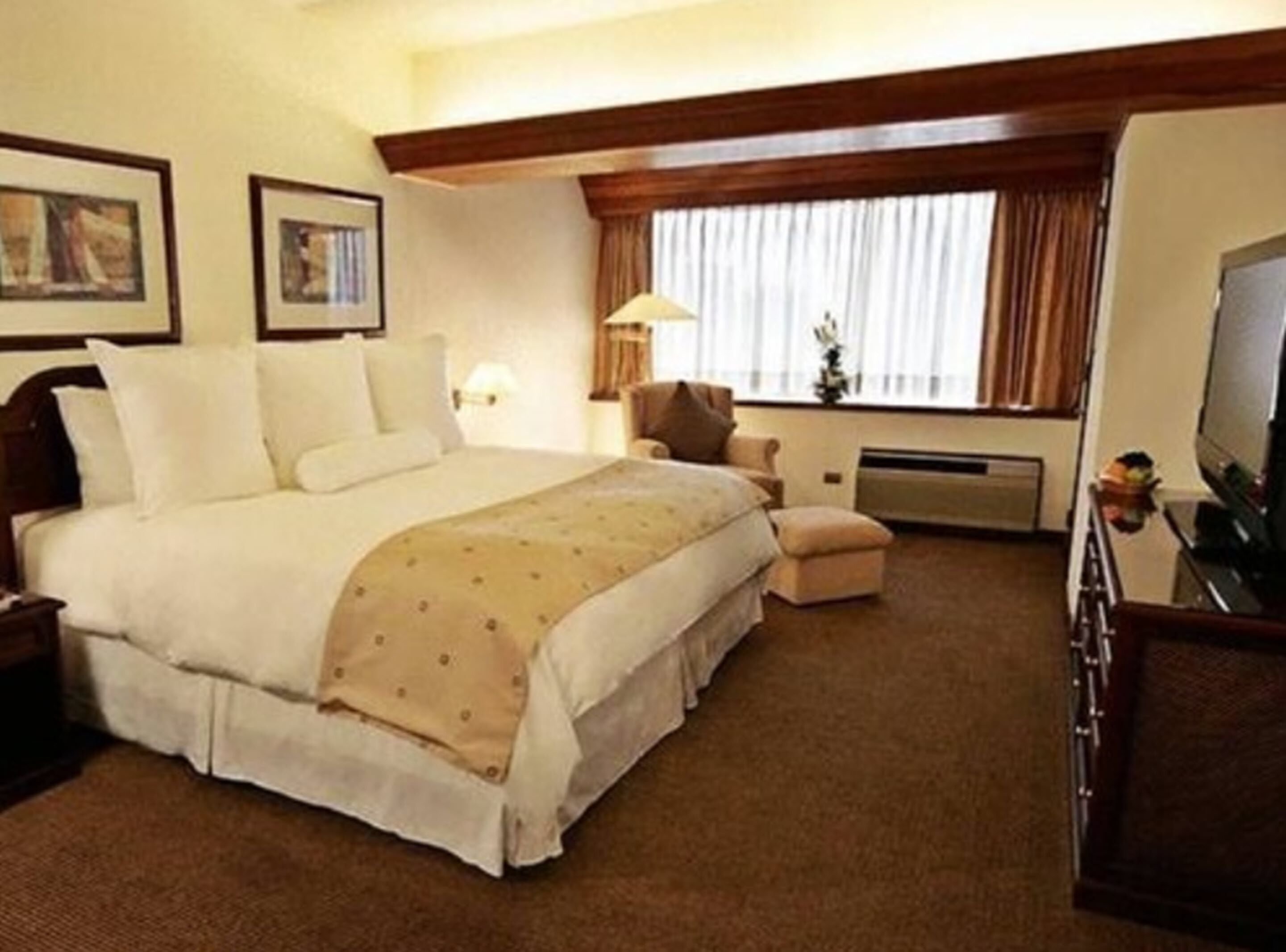 A hotel room with a large bed, a desk with a chair, a television, and a window with curtains.