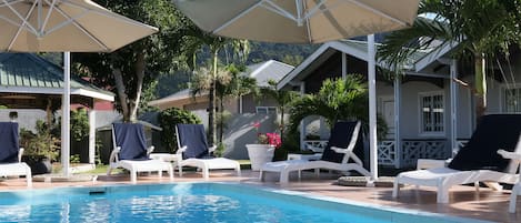 Outdoor pool, pool umbrellas, pool loungers