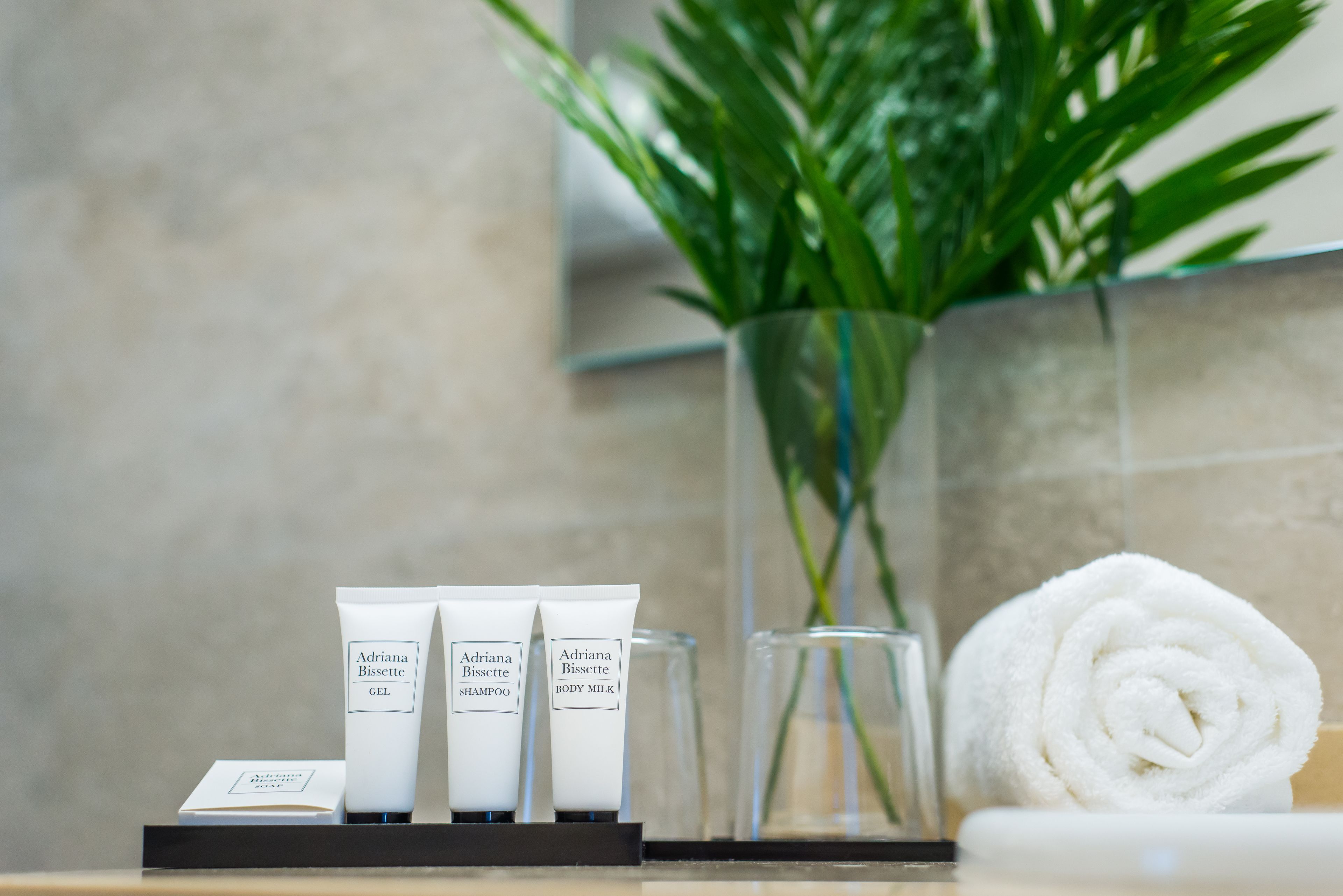 Una encimera de baño con artículos de aseo como jabón, gel, champú y leche corporal.