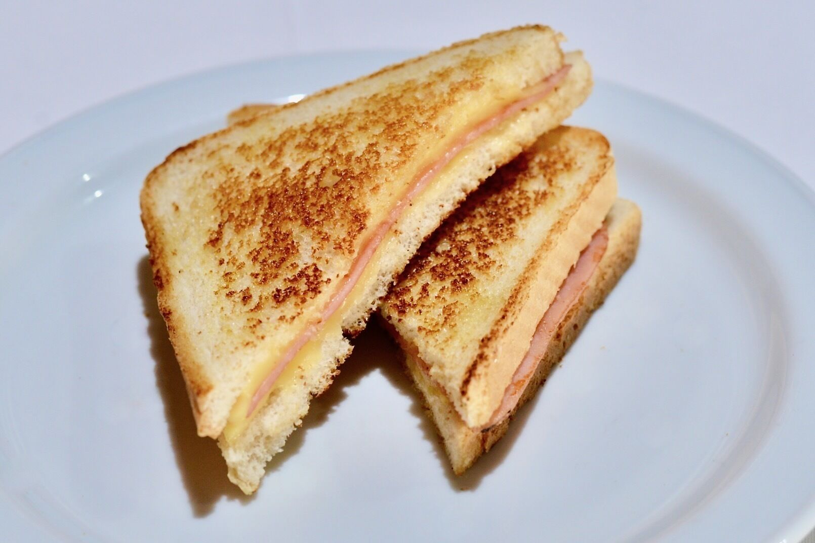A grilled sandwich on a white plate.