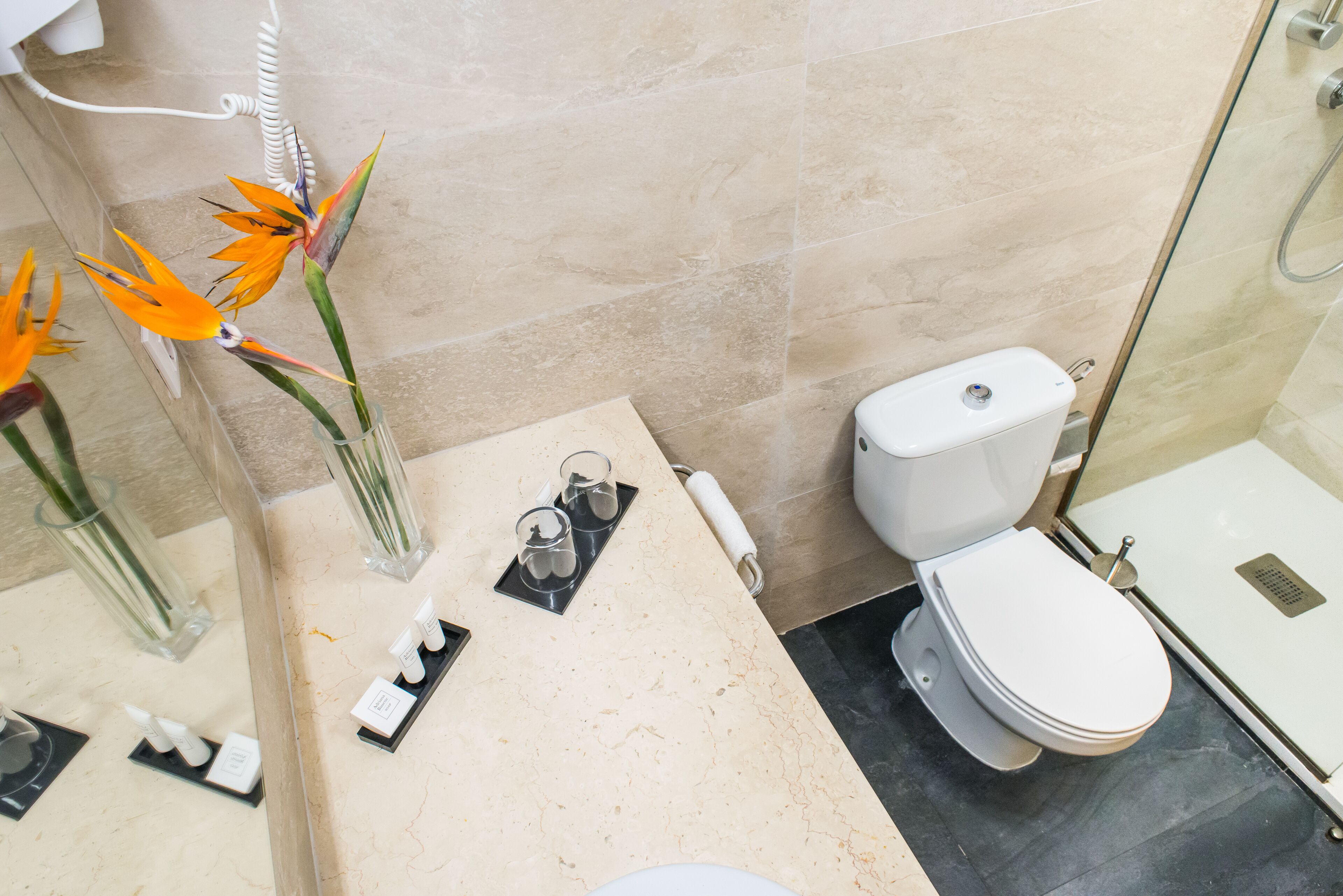 Een badkamer met toilet, bidet en een douchecabine van glas.