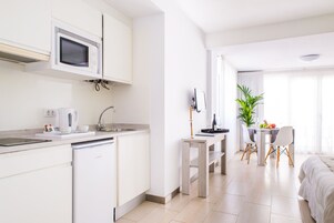 Fridge, microwave, stovetop, coffee/tea maker