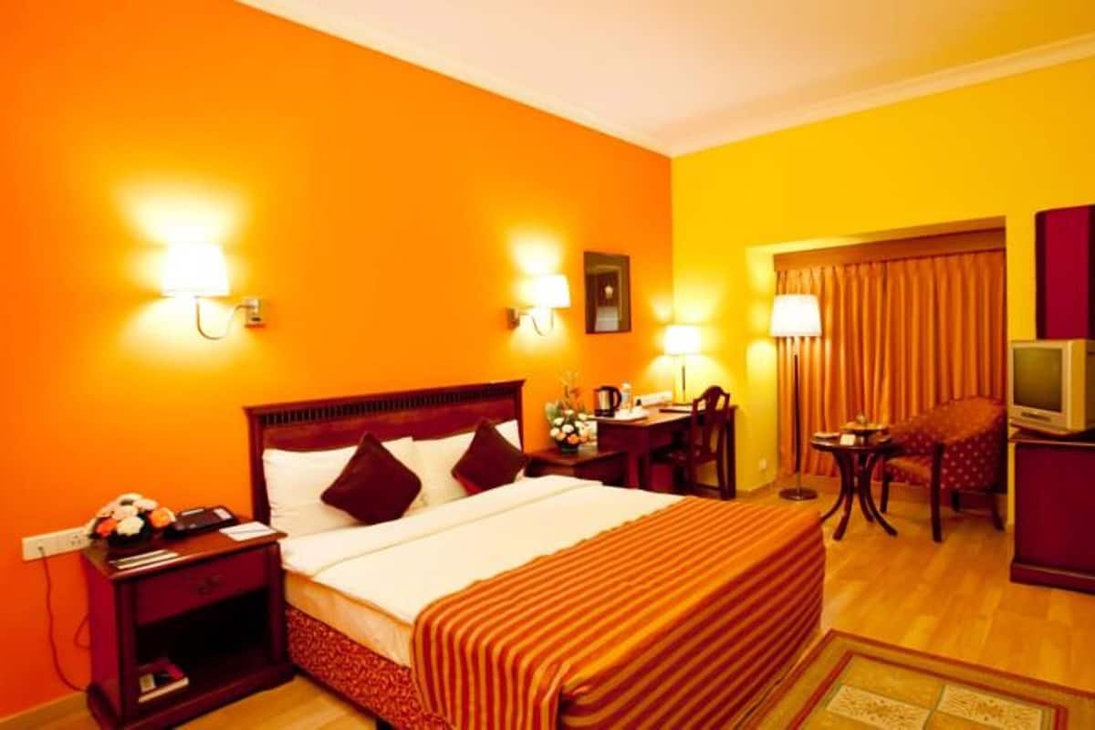 A hotel room with a bed, bedside table, lamp, desk, chair, television, and curtains.