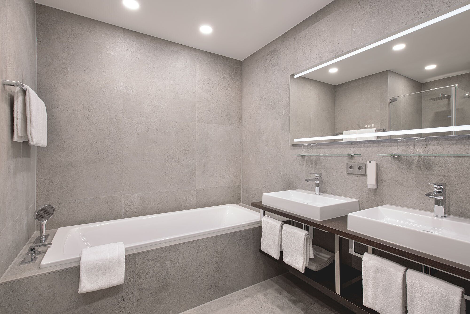 luxury suite | bathroom | shower, free toiletries, hair dryer, bathrobes