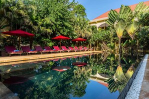 Outdoor pool, pool umbrellas, pool loungers