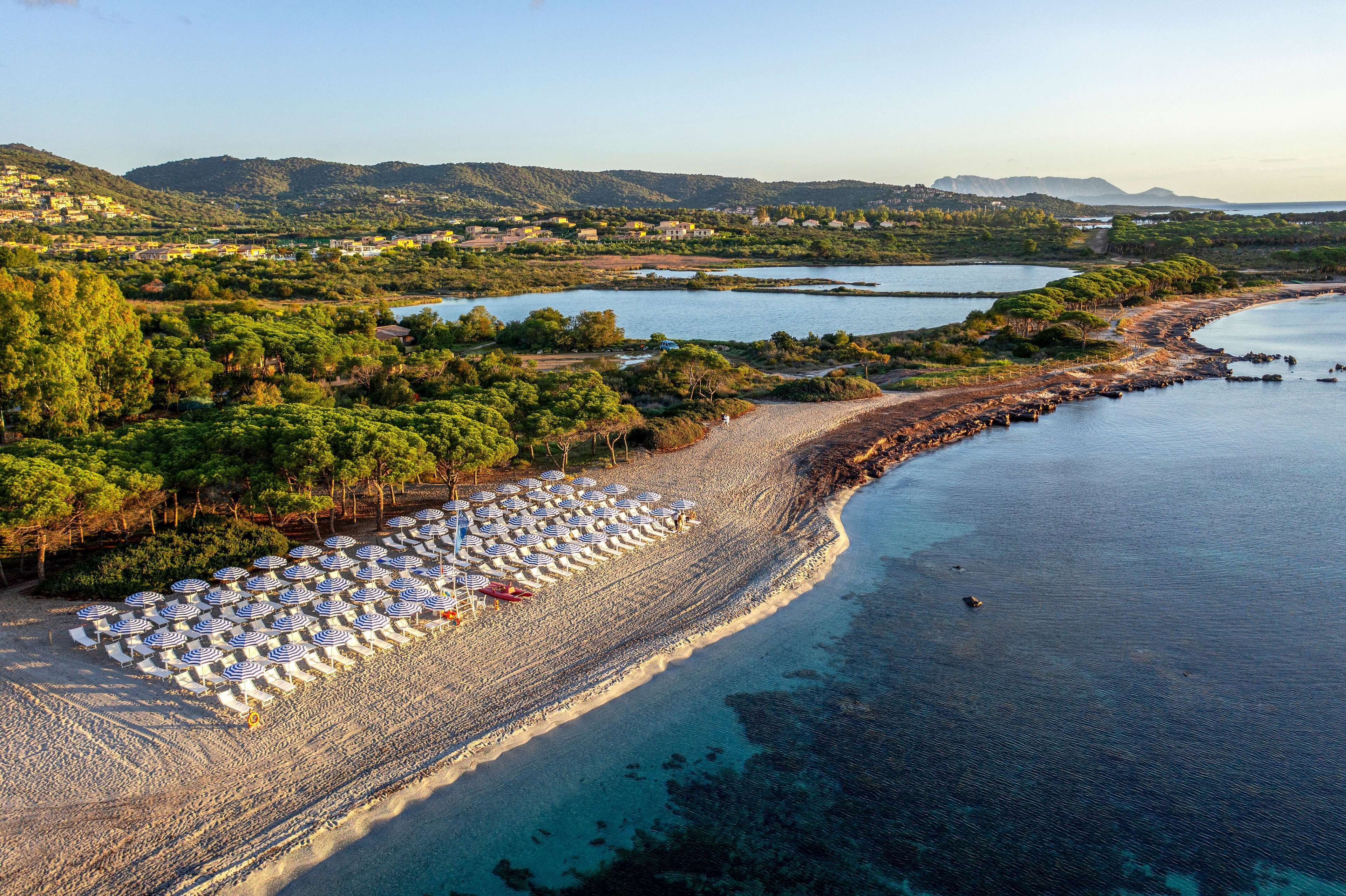 An aerial view of a beach with rows of umbrellas and sun loungers, a clear view of the coastline, and surrounding hills.