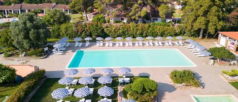 A large swimming pool surrounded by lounge chairs and umbrellas, with a view of trees and buildings in the background.
