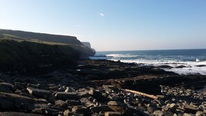 Un paysage côtier rocheux, avec des falaises et l’océan.