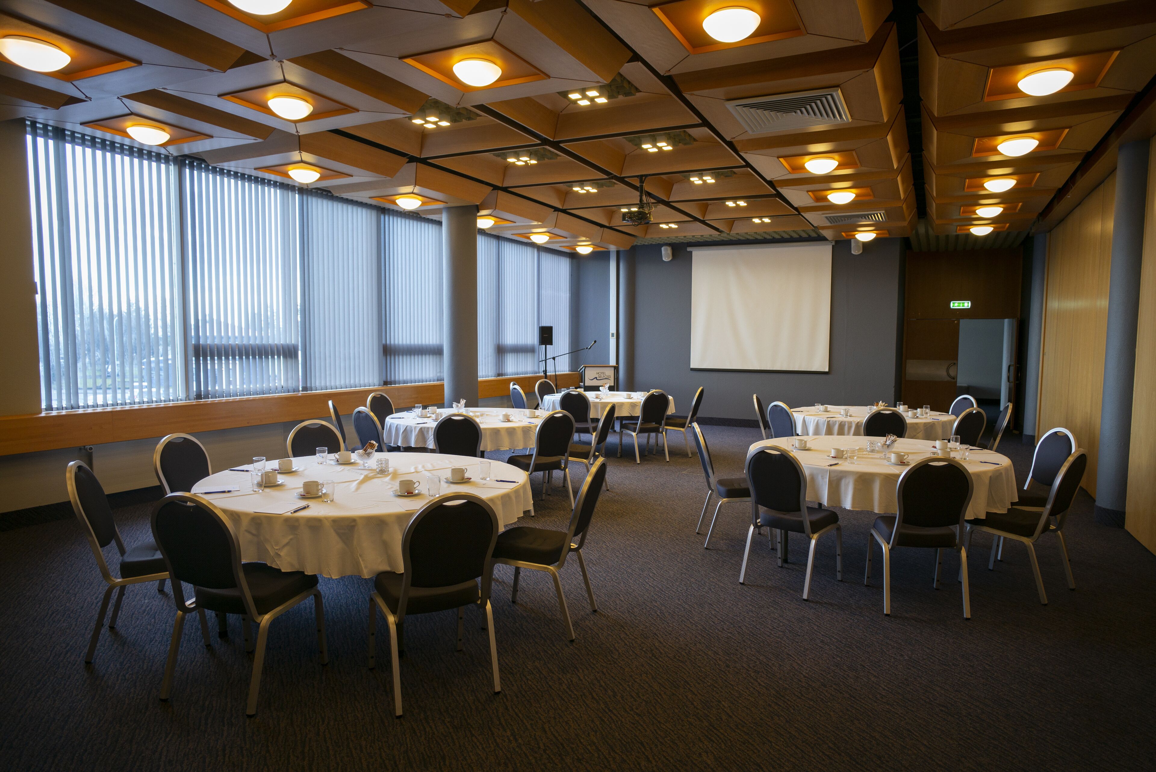 Una sala conferenze con diversi tavoli e sedie, ampie finestre con tende, uno schermo per proiettore e un pavimento rivestito di moquette.