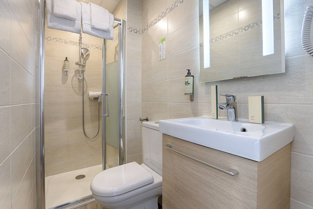 shower, free toiletries, hair dryer, towels
