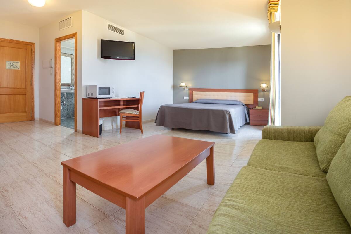 A hotel room with a bed, a desk with a computer, a television, a sofa, and a window with curtains.