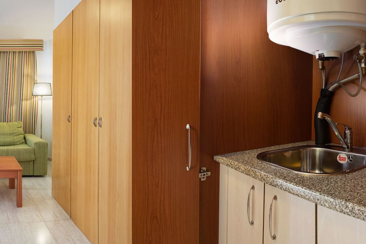 A hotel room with a bed, a sofa, a wooden cabinet, a sink, and a stove.