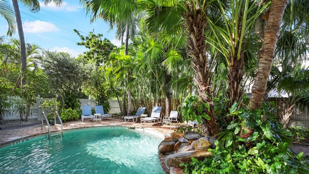Una piscina con agua cristalina, rodeada de exuberante vegetación y palmeras.