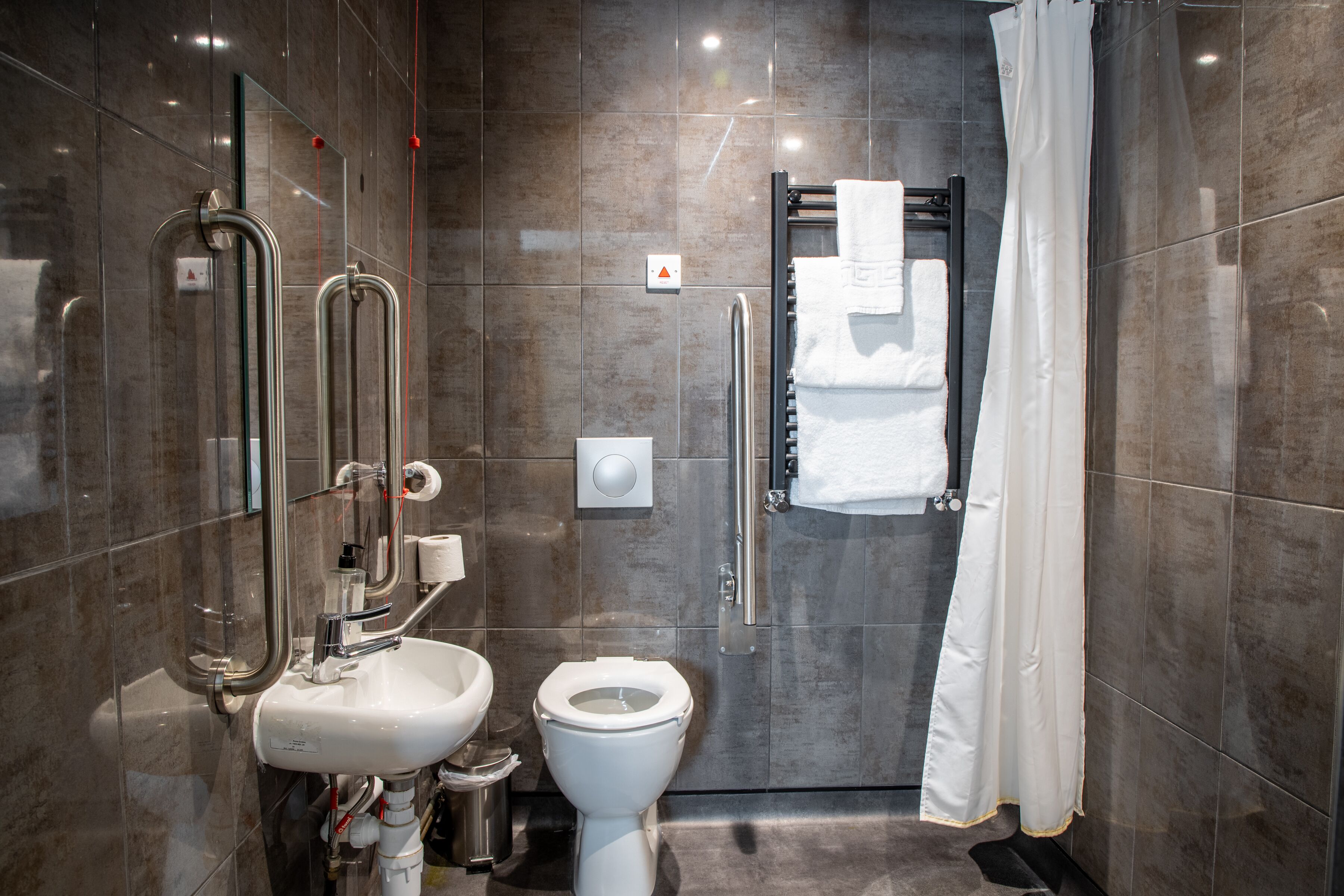 A modern bathroom with a toilet, sink, and handrails.