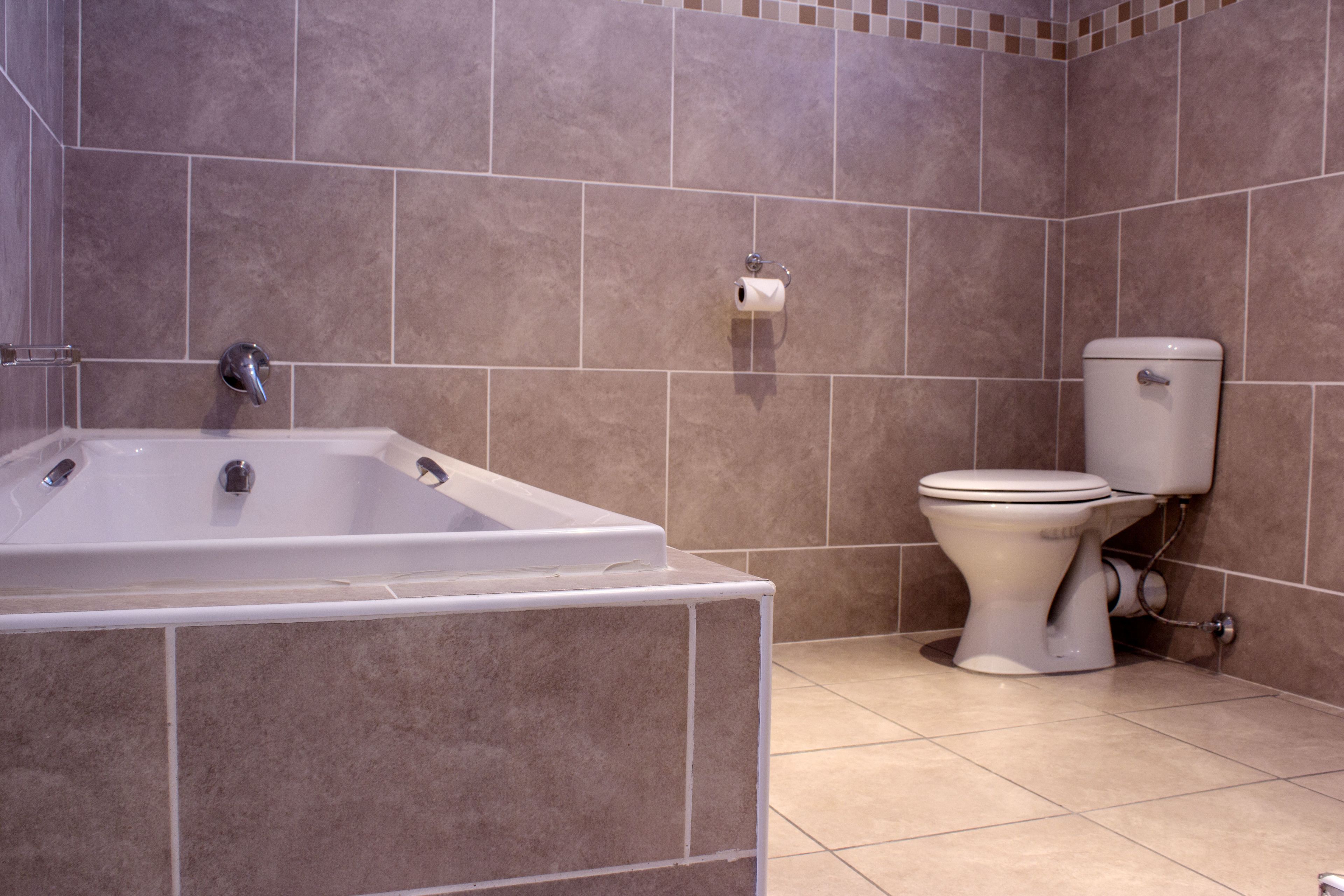 Une salle de bain équipée d’une baignoire, de toilettes et d’un porte-rouleau de papier toilette fixé au mur.