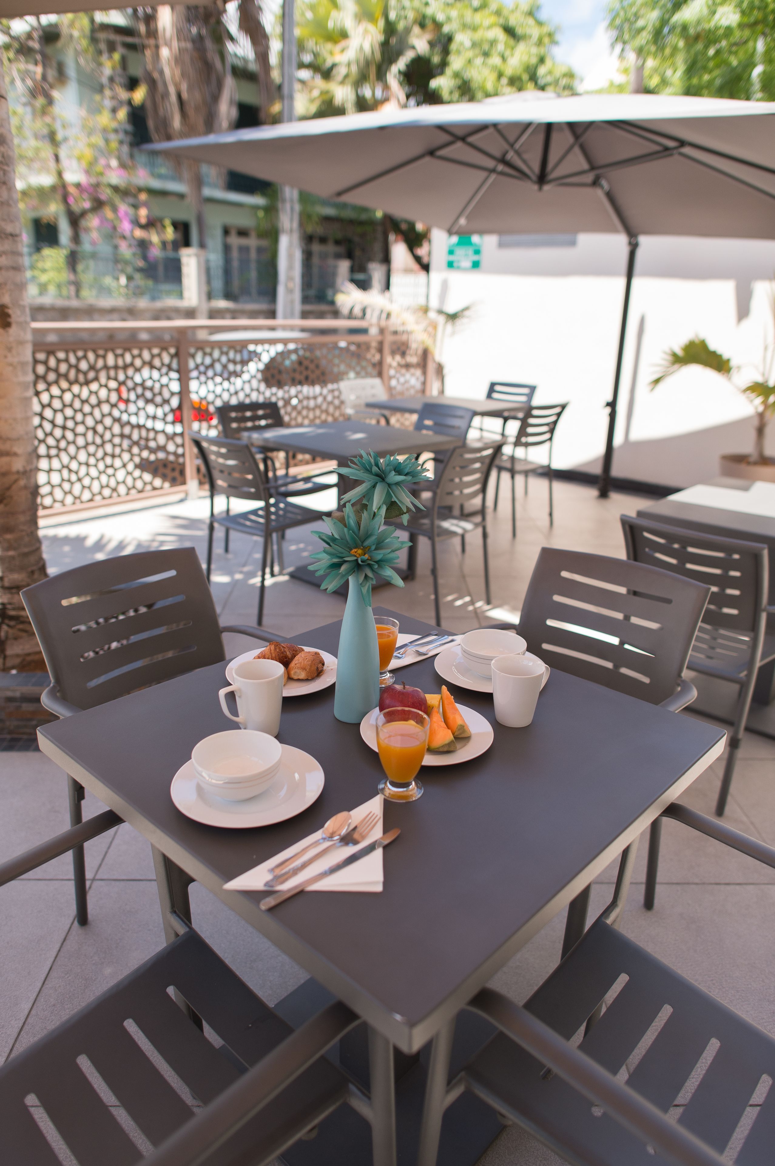 An outdoor dining area with tables and chairs, a decorative plant, and breakfast items.
